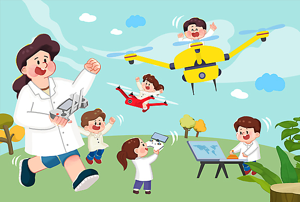 전신 PSD 나무 구름 여자 남자 어린이 일러스트 하늘 박사 미소 들기 소녀 소년 초원 여러명 성인 야외 달리기 비행 실험복 승차 즐거움 과학의날 드론 조종장치 과학의달 국내일러스트 자연요소 식물 직업 감정 다수 모션 표정 사람 장비 가운 4월 파일형식 법정기념일