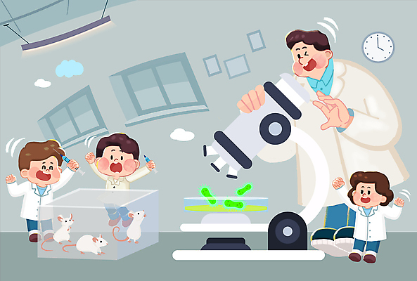 전신 PSD 여자 남자 어린이 시계 일러스트 현미경 주사기 박사 미소 소녀 소년 여러명 성인 손들기 만세 회색 실험복 연구실 쥐 즐거움 박테리아 과학의날 동물실험 과학의달 국내일러스트 직업 감정 컬러 다수 의학 의료기기 모션 표정 실험기구 실험 사람 가운 설치류 4월 파일형식 법정기념일