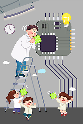 전신 PSD 여자 남자 어린이 시계 일러스트 전구 사다리 박사 미소 들기 소녀 소년 여러명 성인 점프 만세 회색 실험복 회로판 전기에너지 즐거움 반도체 전자 전자회로 과학의날 칩셋 과학의달 국내일러스트 직업 감정 컬러 다수 모션 표정 사람 에너지 도구 가운 4월 파일형식 법정기념일