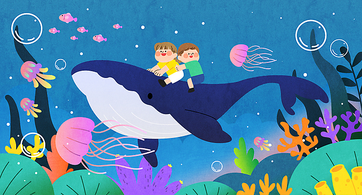 전신 여자 남자 어린이 바다 과학 일러스트 상상 어류 미소 소녀 소년 두명 파란색 수중 해초 산호 승차 고래 공기방울 해파리 과학의날 상상력 어린이만 과학의달 국내일러스트 AI파일 컬러 포유류 모션 표정 사람 수중동물 해조류 자포동물 4월 파일형식 벡터 법정기념일