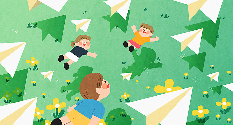 전신 여자 남자 꽃 행복 어린이 과학 일러스트 상상 팔벌리기 그림자 미소 소녀 소년 잔디 초원 세명 초록색 비행 종이비행기 과학의날 상상력 어린이만 과학의달 국내일러스트 AI파일 식물 감정 컬러 모션 표정 사람 4월 종이접기 파일형식 벡터 법정기념일