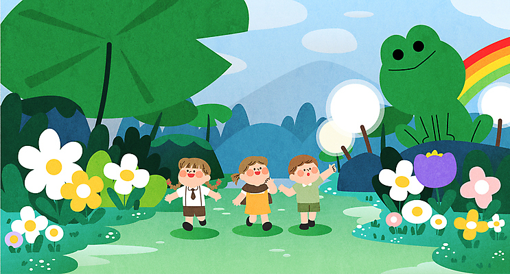 전신 여자 남자 어린이 과학 무지개 꽃밭 일러스트 상상 하늘 개구리 미소 소녀 소년 세명 손들기 걷기 탐험 가리킴 숲속 큼 연잎 신기함 과학의날 상상력 소인 어린이만 과학의달 국내일러스트 AI파일 자연요소 꽃 컨셉 잎 모션 표정 양서류 사람 손짓 숲 크기 4월 파일형식 벡터 법정기념일