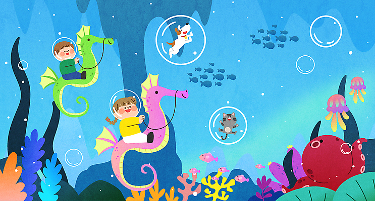 전신 여자 남자 어린이 바다 과학 일러스트 상상 어류 미소 소녀 소년 두명 파란색 수중 고양이 해초 산호 강아지 승차 공기방울 문어 해파리 해마 과학의날 상상력 어린이만 과학의달 국내일러스트 AI파일 컬러 포유류 모션 연체동물 표정 사람 반려동물 바다동물 수중동물 해조류 자포동물 개 4월 파일형식 벡터 법정기념일