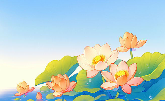 JPG 백그라운드 불교 일러스트 자연 하늘 연꽃 사람없음 봄 부처님오신날 연못 수면 이슬 연잎 국내일러스트 AI일러스트 AI콘텐츠 계절 기념일 꽃 종교 잎 물 생태계 파일형식