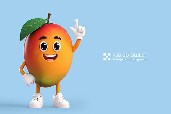 PSD 편집이미지 허리손 하늘색 잎 손가락 3D캐릭터 미소 사람없음 3D 귀여움 가리킴 과일캐릭터 애플망고 망고캐릭터 편집3D 식물 캐릭터 손 포즈 컨셉 표정 손짓 파란색 디지털합성 망고 파일형식