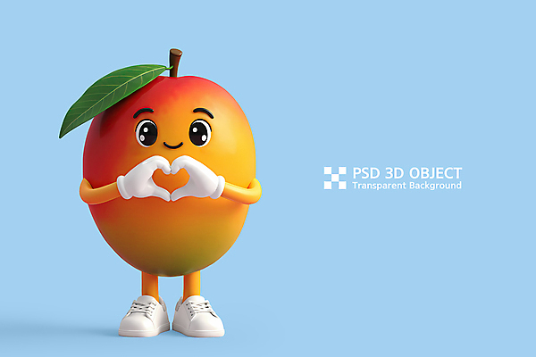 PSD 편집이미지 하늘색 잎 3D캐릭터 미소 사람없음 3D 귀여움 과일캐릭터 손하트 애플망고 망고캐릭터 편집3D 식물 캐릭터 컨셉 표정 손짓 파란색 디지털합성 망고 파일형식