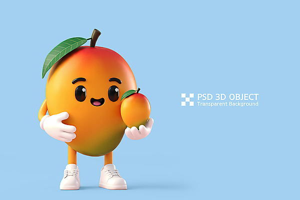 PSD 편집이미지 하늘색 잎 3D캐릭터 미소 들기 사람없음 3D 귀여움 과일캐릭터 애플망고 망고캐릭터 편집3D 식물 캐릭터 컨셉 모션 표정 파란색 디지털합성 망고 파일형식