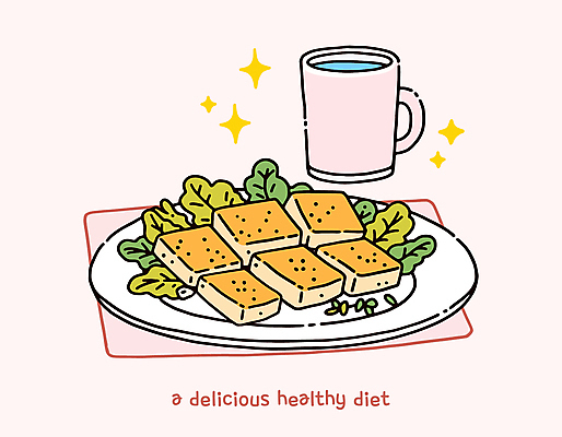 접시 분홍색 다이어트 일러스트 요리 사람없음 반짝임 귀여움 물컵 두부 식단 두부부침 테이블매트 맛있는 국내일러스트 AI파일 식기 컬러 컨셉 모션 건강 컵 식탁보 부침 파일형식 벡터