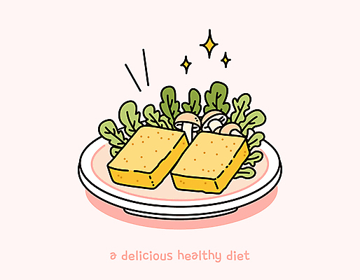 접시 분홍색 다이어트 채소 일러스트 요리 사람없음 반짝임 귀여움 버섯 두부 식단 두부부침 맛있는 국내일러스트 AI파일 식기 컬러 컨셉 모션 건강 부침 파일형식 벡터