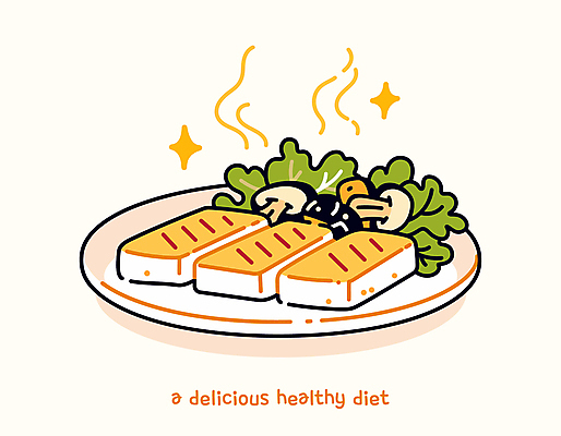접시 다이어트 일러스트 요리 사람없음 반짝임 노란색 귀여움 버섯 수증기 상추 두부 식단 두부부침 맛있는 국내일러스트 AI파일 식기 컬러 컨셉 채소 모션 건강 부침 파일형식 벡터