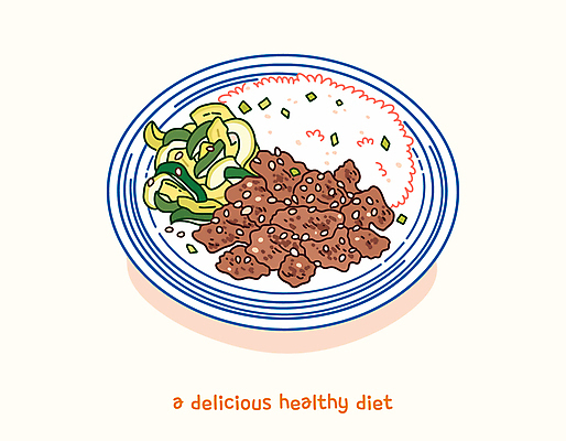 접시 다이어트 채소 일러스트 밥 육류 요리 사람없음 노란색 귀여움 두부 식단 고기구이 맛있는 국내일러스트 AI파일 식기 음식 컬러 컨셉 식재료 건강 구이 파일형식 벡터