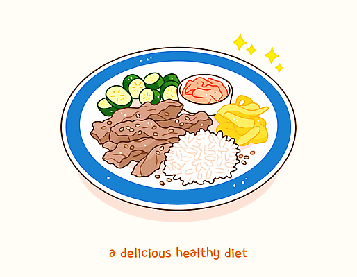 접시 다이어트 일러스트 밥 반찬 오이 육류 요리 사람없음 반짝임 노란색 귀여움 계란 두부 종지 식단 고기구이 맛있는 국내일러스트 AI파일 그릇 식기 음식 컬러 컨셉 채소 식재료 모션 건강 알 구이 파일형식 벡터