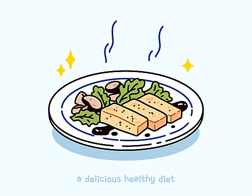접시 하늘색 다이어트 채소 일러스트 가지 요리 사람없음 반짝임 귀여움 수증기 두부 식단 가지구이 두부부침 발사믹소스 맛있는 국내일러스트 AI파일 식기 컨셉 모션 건강 파란색 소스_음식 구이 부침 파일형식 벡터