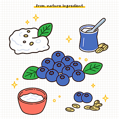 그릇 음식 잎 다이어트 일러스트 건강 사람없음 반짝임 숟가락 우유 신선 블루베리 요거트 귀리 국내일러스트 AI파일 식물 식기 과일 모션 유제품 곡류 수저 파일형식 벡터