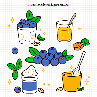 음료 음식 잎 일러스트 식재료 잔 건강 사람없음 반짝임 숟가락 신선 블루베리 영양 아몬드 꿀 국내일러스트 AI파일 식물 식기 과일 모션 수저 견과류 파일형식 벡터