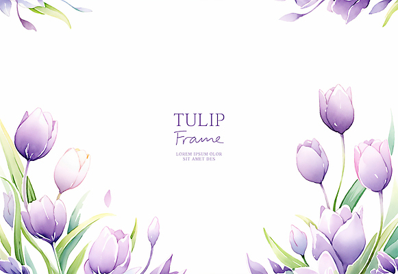 PSD 잎 일러스트 봄꽃 수채화 프레임 사람없음 보라색 튤립 카피스페이스 국내일러스트 식물 꽃 컬러 봄 공백 파일형식