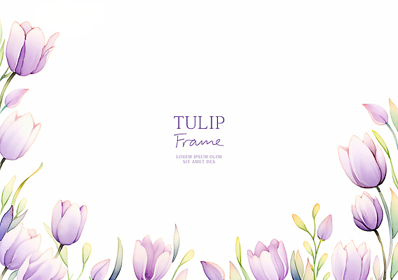 PSD 잎 일러스트 봄꽃 수채화 프레임 사람없음 보라색 튤립 카피스페이스 국내일러스트 식물 꽃 컬러 봄 공백 파일형식