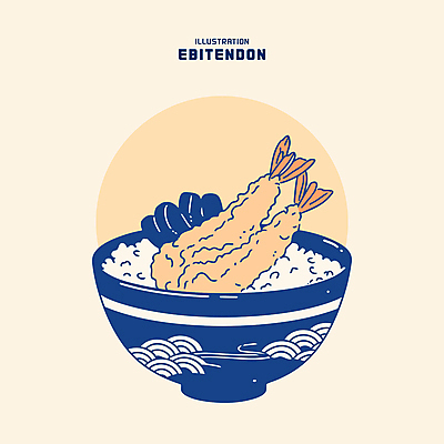 그릇 일러스트 밥 사람없음 식사 남색 새우튀김 살구색 새우튀김덮밥 텐동 맛있는 국내일러스트 AI파일 식기 음식 컬러 새우 튀김 덮밥 일본음식 파일형식 벡터