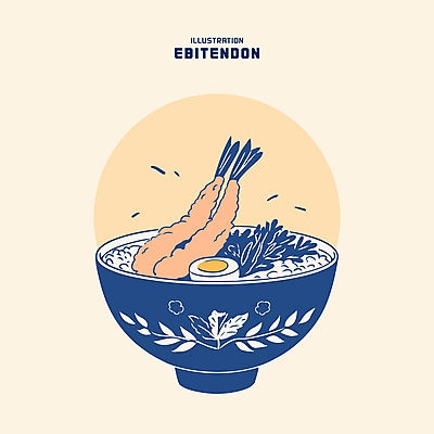 그릇 채소 일러스트 밥 사람없음 식사 남색 새우튀김 삶은계란 살구색 새우튀김덮밥 텐동 맛있는 국내일러스트 AI파일 식기 음식 컬러 새우 계란 튀김 계란요리 덮밥 일본음식 파일형식 벡터