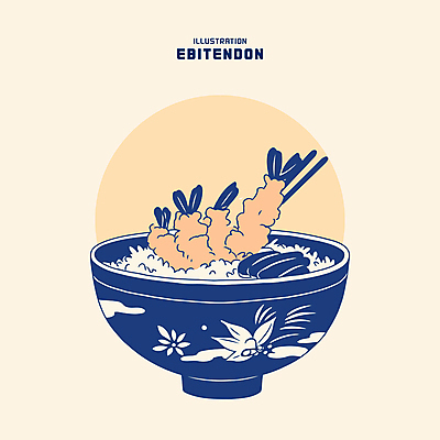 그릇 일러스트 밥 사람없음 식사 남색 새우튀김 살구색 새우튀김덮밥 텐동 맛있는 국내일러스트 AI파일 식기 음식 컬러 새우 튀김 덮밥 일본음식 파일형식 벡터