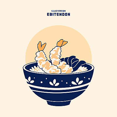 그릇 일러스트 밥 사람없음 식사 남색 새우튀김 살구색 새우튀김덮밥 텐동 맛있는 국내일러스트 AI파일 식기 음식 컬러 새우 튀김 덮밥 일본음식 파일형식 벡터