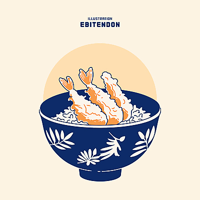 그릇 일러스트 밥 사람없음 식사 남색 새우튀김 살구색 새우튀김덮밥 텐동 맛있는 국내일러스트 AI파일 식기 음식 컬러 새우 튀김 덮밥 일본음식 파일형식 벡터