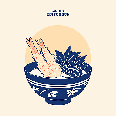 그릇 채소 일러스트 밥 사람없음 식사 남색 새우튀김 살구색 새우튀김덮밥 텐동 맛있는 국내일러스트 AI파일 식기 음식 컬러 새우 튀김 덮밥 일본음식 파일형식 벡터