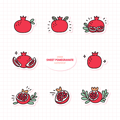 스티커 잎 일러스트 사람없음 빨간색 반짝임 세트 석류 다꾸 국내일러스트 AI파일 식물 컬러 과일 모션 신조어 약어 파일형식 벡터