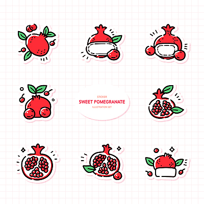 스티커 일러스트 사람없음 빨간색 반짝임 세트 석류 다꾸 국내일러스트 AI파일 컬러 과일 모션 신조어 약어 파일형식 벡터