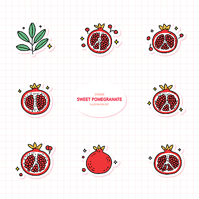 스티커 잎 일러스트 사람없음 빨간색 반짝임 세트 석류 다꾸 국내일러스트 AI파일 식물 컬러 과일 모션 신조어 약어 파일형식 벡터