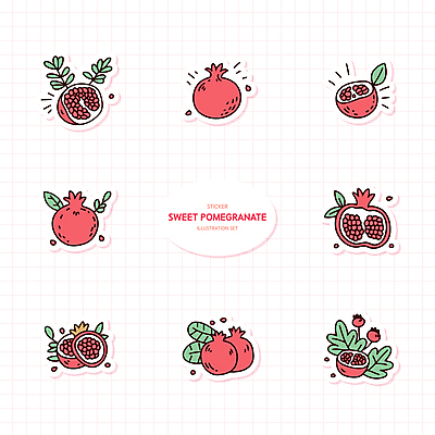 스티커 잎 일러스트 사람없음 빨간색 세트 석류 다꾸 국내일러스트 AI파일 식물 컬러 과일 신조어 약어 파일형식 벡터
