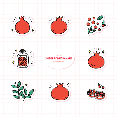 스티커 잎 일러스트 사람없음 빨간색 반짝임 세트 병 석류 다꾸 국내일러스트 AI파일 식물 식기 컬러 과일 모션 신조어 약어 파일형식 벡터