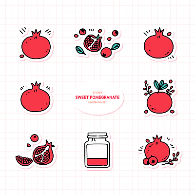 스티커 잎 일러스트 사람없음 빨간색 세트 병 석류 다꾸 국내일러스트 AI파일 식물 식기 컬러 과일 신조어 약어 파일형식 벡터