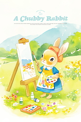전신 PSD 일러스트 자연 동화 산 들기 초원 사람없음 야외 연두색 귀여움 들꽃 토끼 팔레트 언덕 이젤 토끼캐릭터 캔버스 화가 화가모자 국내일러스트 직업 모자_잡화 꽃 동물캐릭터 컨셉 포유류 모션 초록색 반려동물 미술도구 생태계 파일형식
