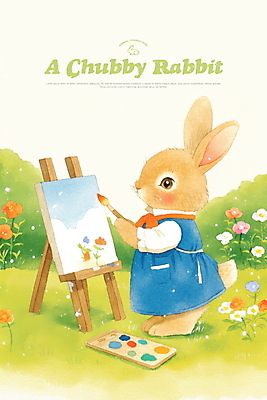 전신 PSD 일러스트 자연 사람없음 연두색 귀여움 앞치마 들꽃 토끼 붓 풀 그리기 팔레트 이젤 토끼캐릭터 캔버스 화가 조화 국내일러스트 식물 직업 꽃 동물캐릭터 컨셉 포유류 모션 초록색 반려동물 미술도구 생태계 파일형식