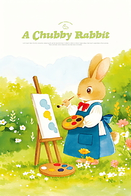 전신 PSD 일러스트 자연 동화 들기 사람없음 연두색 귀여움 앞치마 들꽃 토끼 붓 풀 그리기 팔레트 이젤 토끼캐릭터 캔버스 화가 국내일러스트 식물 직업 꽃 동물캐릭터 컨셉 포유류 모션 초록색 반려동물 미술도구 생태계 파일형식