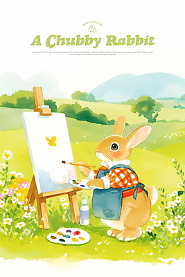 전신 PSD 일러스트 자연 동화 산 잔디 초원 사람없음 연두색 귀여움 앞치마 물감 들꽃 토끼 붓 팔레트 이젤 토끼캐릭터 캔버스 화가 국내일러스트 식물 직업 꽃 동물캐릭터 컨셉 포유류 초록색 반려동물 미술도구 생태계 파일형식