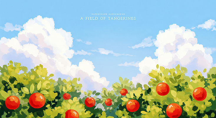 PSD 구름 일러스트 자연 하늘 수채화 귤 풍경 사람없음 맑음 과수원 감귤밭 귤밭 제주도여행 화창 국내일러스트 자연요소 여행 밭 농업 과일 날씨 제주도 생태계 파일형식