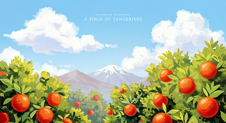 PSD 구름 일러스트 자연 하늘 수채화 귤 산 풍경 사람없음 맑음 과수원 감귤밭 귤밭 제주도여행 화창 국내일러스트 자연요소 여행 밭 농업 과일 날씨 제주도 생태계 파일형식