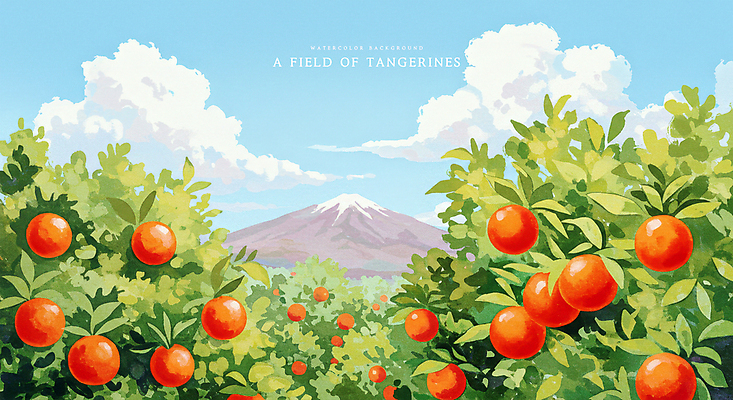 PSD 구름 일러스트 자연 하늘 수채화 귤 산 풍경 사람없음 맑음 과수원 감귤밭 귤밭 제주도여행 화창 국내일러스트 자연요소 여행 밭 농업 과일 날씨 제주도 생태계 파일형식