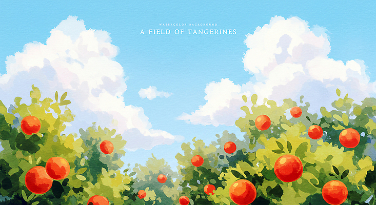 PSD 구름 일러스트 자연 하늘 수채화 귤 풍경 사람없음 맑음 과수원 감귤밭 귤밭 제주도여행 화창 국내일러스트 자연요소 여행 밭 농업 과일 날씨 제주도 생태계 파일형식