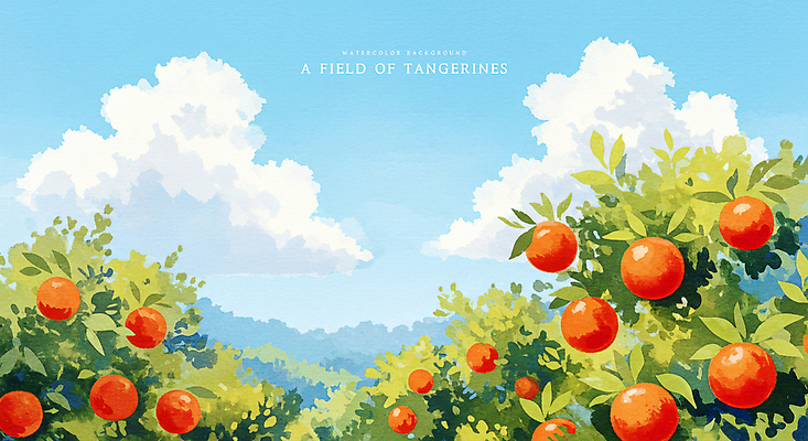 PSD 구름 일러스트 자연 하늘 수채화 귤 풍경 사람없음 맑음 과수원 감귤밭 귤밭 제주도여행 화창 국내일러스트 자연요소 여행 밭 농업 과일 날씨 제주도 생태계 파일형식