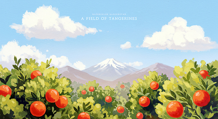 PSD 구름 일러스트 자연 하늘 수채화 귤 산 풍경 사람없음 맑음 과수원 감귤밭 귤밭 제주도여행 화창 국내일러스트 자연요소 여행 밭 농업 과일 날씨 제주도 생태계 파일형식