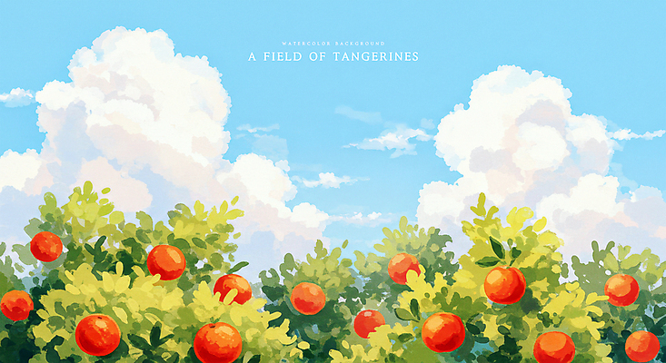 PSD 구름 일러스트 자연 하늘 수채화 귤 풍경 사람없음 맑음 과수원 감귤밭 귤밭 제주도여행 화창 국내일러스트 자연요소 여행 밭 농업 과일 날씨 제주도 생태계 파일형식