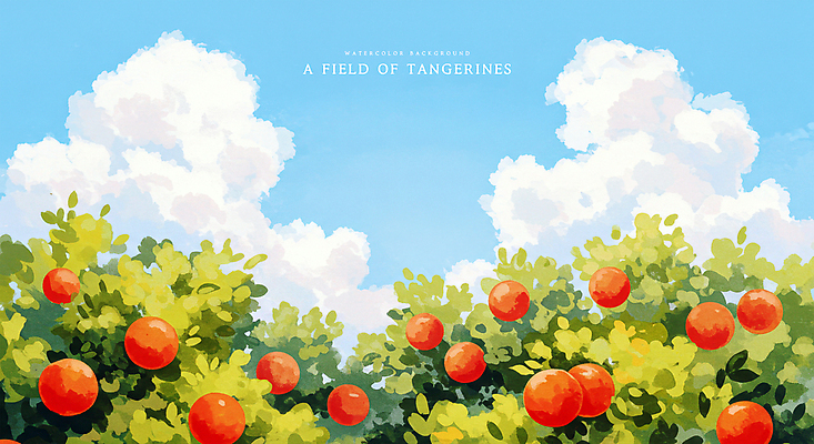PSD 구름 일러스트 자연 하늘 수채화 귤 풍경 사람없음 맑음 과수원 감귤밭 귤밭 제주도여행 화창 국내일러스트 자연요소 여행 밭 농업 과일 날씨 제주도 생태계 파일형식