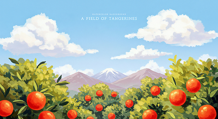 PSD 구름 일러스트 자연 하늘 수채화 귤 산 풍경 사람없음 맑음 과수원 감귤밭 귤밭 제주도여행 화창 국내일러스트 자연요소 여행 밭 농업 과일 날씨 제주도 생태계 파일형식