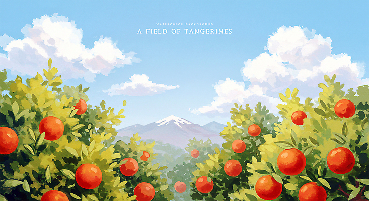 PSD 구름 일러스트 자연 하늘 수채화 귤 산 풍경 사람없음 맑음 과수원 감귤밭 귤밭 제주도여행 화창 국내일러스트 자연요소 여행 밭 농업 과일 날씨 제주도 생태계 파일형식