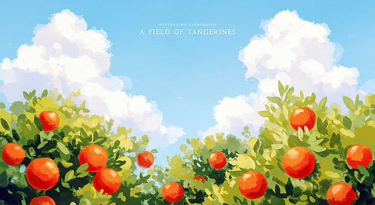PSD 구름 일러스트 자연 하늘 수채화 귤 풍경 사람없음 맑음 과수원 감귤밭 귤밭 제주도여행 화창 국내일러스트 자연요소 여행 밭 농업 과일 날씨 제주도 생태계 파일형식