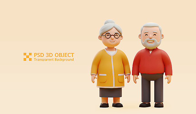 전신 PSD 편집이미지 여자 할아버지 노년 남자 할머니 가정 가족 3D캐릭터 미소 두명 노란색 3D 노부부 노인만 안경낌 편집3D 캐릭터 부부 안경 컬러 관계 표정 사람 성인 디지털합성 성인만 파일형식