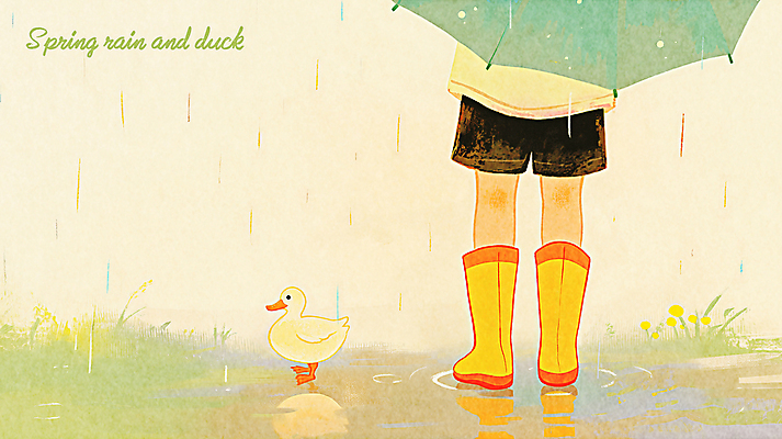 PSD 일러스트 우산 오리 따뜻함 장화 신체부위 연두색 귀여움 하반신 다리 봄비 우비 감성 국내일러스트 옷 신발 컨셉 조류 사람 초록색 봄 비_날씨 파일형식